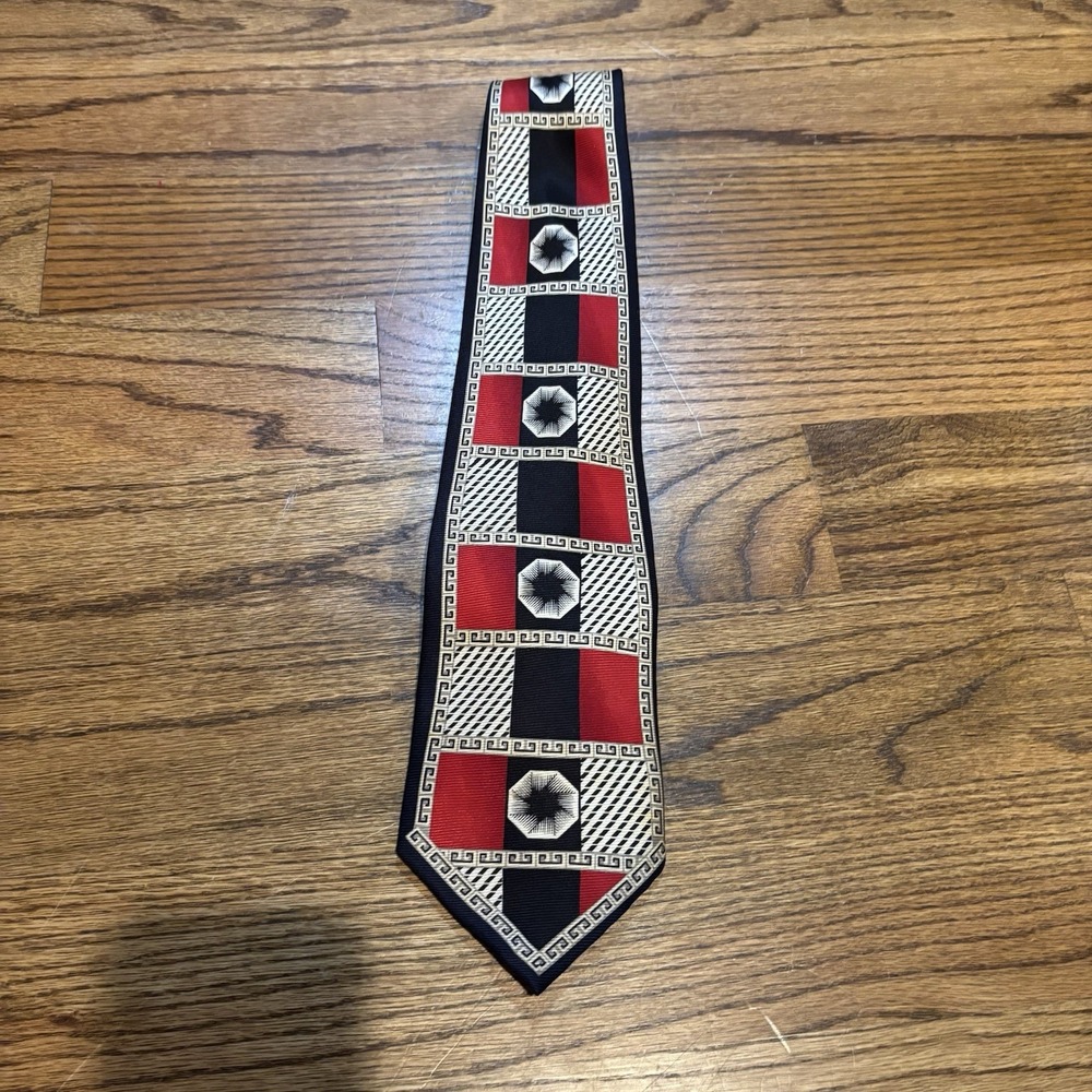 HARVE BENARD Classic GEOMETRIC Men's 100% Silk‎ Tie Black Red Gold Handmade
